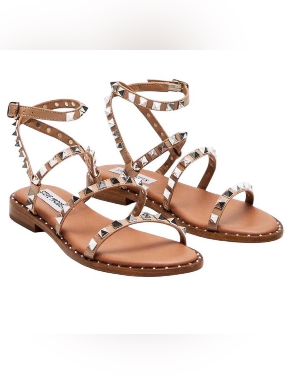 Steve Madden Travel Studded Flat Sandals in Tan, Gladiator Sandals, Women’s 8
